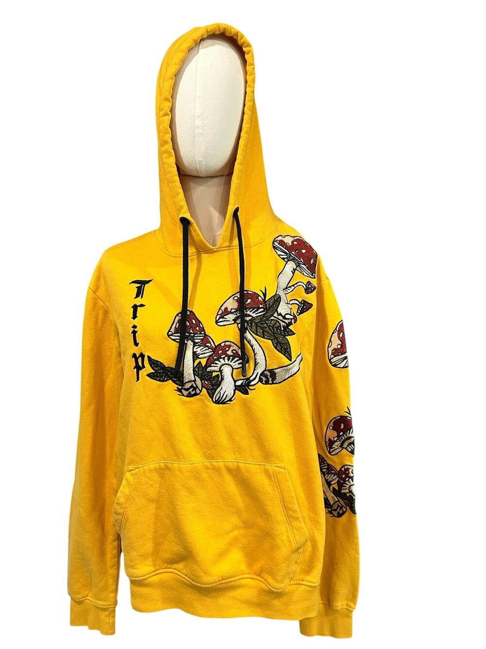 UPSTANDERS Hoodie Mustard SZ Med "TRIP" Mushrooms Pocket Embroidered Sweatshirt